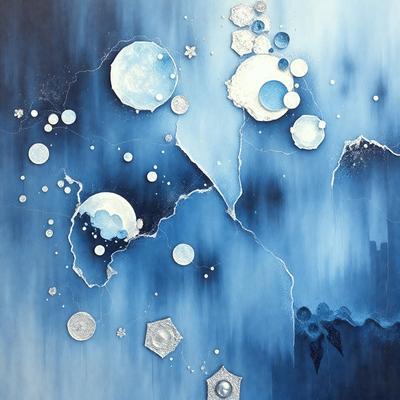 The primary subject of the image is a painting featuring a blue background with various shapes and circles. The setting is a painting, and the visual style is artistic. The dominant colors are blue and black, creating a moody atmosphere.